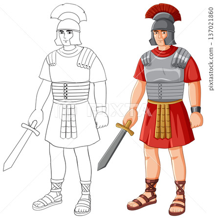 Ancient Roman Soldier Vector Illustration with Line Art and Colored Version Ancient Roman Soldier Vector Illustration with Line Art and Colored Version 137021860
