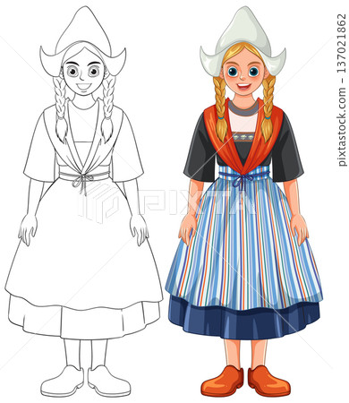 Dutch Girl in Traditional Costume with Braids and Clogs 137021862