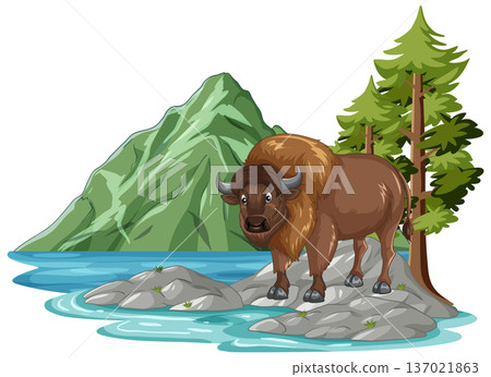 American Bison Standing on Rocks Near Mountain Lake Vector Illustration 137021863