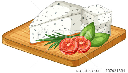 Blue Cheese Wedge and Cubes with Tomato on Wooden Board Blue Cheese Wedge and Cubes with Tomato on Wooden Board 137021864