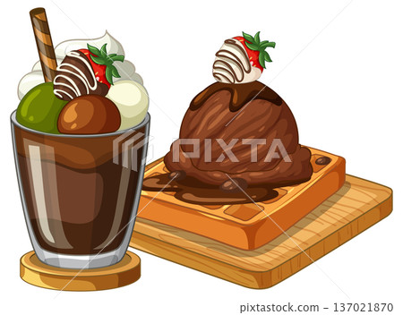Chocolate Ice Cream Sundae and Waffle with Strawberry Toppings Vector Illustration 137021870