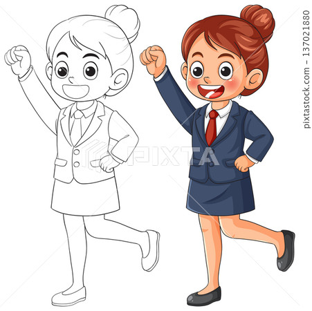 Cheerful Young Woman in Business Suit Raising Fist 137021880