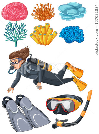Scuba Diver and Underwater Coral Reef Elements Vector Set 137021884