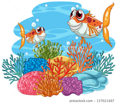 Cartoon Fish Swimming Over Colorful Coral Reef Under the Sea Cartoon Fish Swimming Over Colorful Coral Reef Under the Sea 137021887