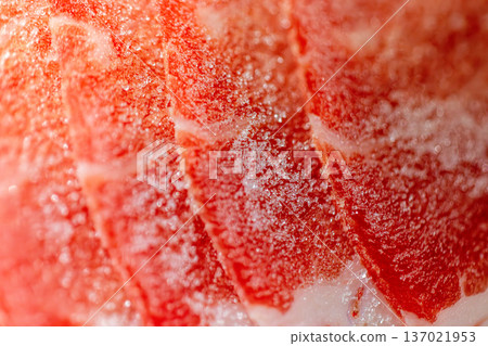 The delicate marbling of bright red frozen pork slices 137021953