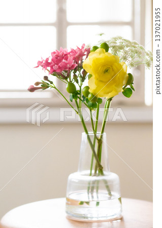 窗台上花瓶裡的五彩繽紛的小花束 [春天] 137021955