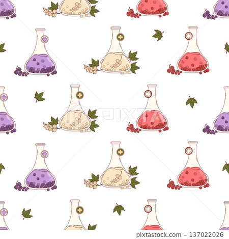 Seamless Pattern with Currant Berries Lab Flasks on White Background. Organic Science and Pharmacy Backdrop. Modern scientific eco-cosmetics, and healthy nutrition template. Square Vector illustration 137022026