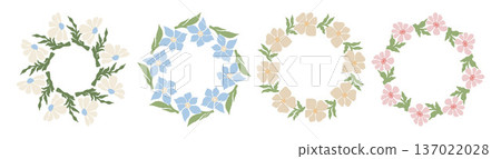 Matisse Botanical Wreaths Set. Floral Round Frames with Organic Flowers art. Isolated Minimalist Vector illustration with Empty Copy Space on white background Matisse Botanical Wreaths Set. Floral Round Frames with Organic Flowers art. Isolated Minimalist Vector illustration with Empty Copy Space on white background 137022028