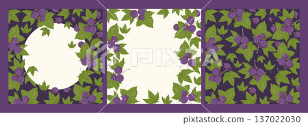 Blackcurrant Berries and Leaves Botanical Frames, Card Set. Posters with Branches Fruit Currant on Dark Purple and White Background. Isolated Square template. Vector illustration Blackcurrant Berries and Leaves Botanical Frames, Card Set. Posters with Branches Fruit Currant on Dark Purple and White Background. Isolated Square template. Vector illustration 137022030