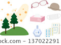 Illustration set of items to prevent hay fever (pollen, glasses, tissue, hat, mask, eye drops, medicine) 137022291