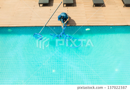 Pool maintenance with scoop net  and automatic robot cleaner. 137022387