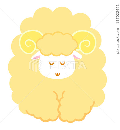 一隻鞠躬的綿羊插畫，可用於表達感激或問候。形象簡潔活潑的動物角色。白色背景，黃色圖案。 137022461