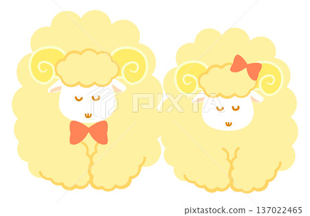 A pair of male and female sheep bowing. A cute yellow sheep pair greeting each other in a friendly manner. 137022465