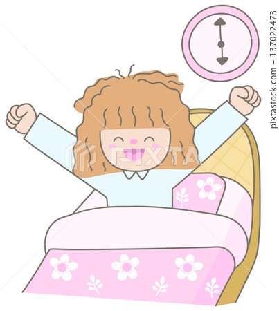Cute Woman with Messy Hair Waking Up in Pajamas on Floral Bedding with Wall Clock Morning Routine Concept 137022473