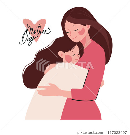 Mother s Day card. Happy mother hugging her daughter on an isolated transparent background. Flat vector illustration. Concept of family relationships and raising children. Mother s Day card. Happy mother hugging her daughter on an isolated transparent background. Flat vector illustration. Concept of family relationships and raising children. 137022497