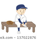 A boy in a baseball uniform tying his shoelaces 137022876
