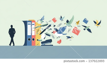 辦公用品的輪廓變成鳥兒，拍打著翅膀 137022893