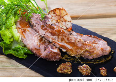 Fried pork with garlic, bell pepper, greens, dijon mustard Fried pork with garlic, bell pepper, greens, dijon mustard 137023308