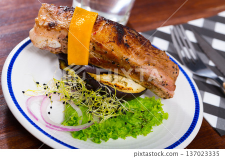 Baked pork rib with cheese and eggplant Baked pork rib with cheese and eggplant 137023335