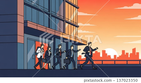 一群商務人士朝著夕陽走去。 137023350