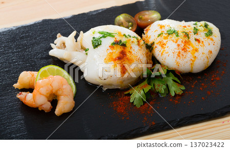 Roasted sepia served with shrimps Roasted sepia served with shrimps 137023422