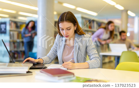 Portrait of woman with laptop and book in public library closeup 137023523