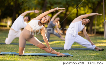 Yoga lesson visitors with girl coach perform Parighasana in park Yoga lesson visitors with girl coach perform Parighasana in park 137023557