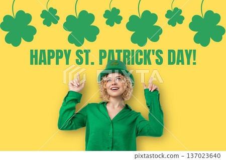 Young woman celebrates St Patricks Day with green outfit Young woman celebrates St Patricks Day with green outfit 137023640