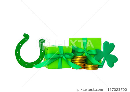 Green gifts, coins, horseshoe, shamrock, isolated, PNG Green gifts, coins, horseshoe, shamrock, isolated, PNG 137023700