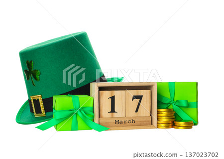 Green leprechaun hat beside gifts and gold coins, isolated, PNG Green leprechaun hat beside gifts and gold coins, isolated, PNG 137023702