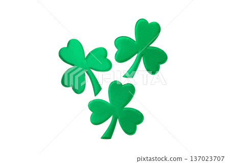 Three green shamrocks arranged on a white background, isolated, PNG Three green shamrocks arranged on a white background, isolated, PNG 137023707