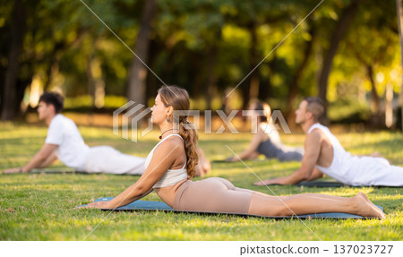Girl performing Cobra Pose during group yoga training in park Girl performing Cobra Pose during group yoga training in park 137023727