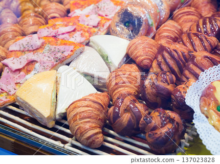 Croissants in Spanish bakery shop Croissants in Spanish bakery shop 137023828