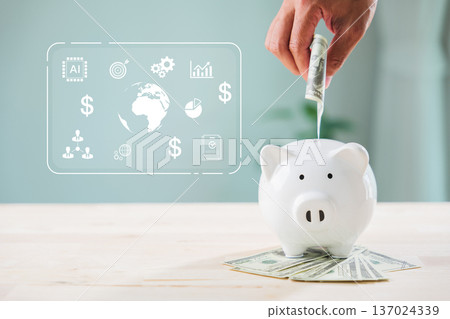 Global economy money bank piggy finance global stock growth business concept save invest economic, hand adds cash while digital interface shows world market statistics for security Global economy money bank piggy finance global stock growth business concept save invest economic, hand adds cash while digital interface shows world market statistics for security 137024339