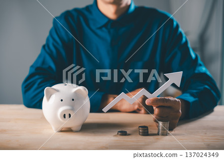 piggy bank economy increase money wealth gambling pig report saving investments shows man holding white arrow pointing up near coin stacks for financial growth and business success 137024349