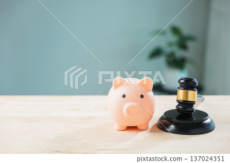Taxation, salary compliance, legal banking transparency, money, bank, piggy, save concepts shown with judge gavel and pink piggy bank on wooden table for financial law regulations Taxation, salary compliance, legal banking transparency, money, bank, piggy, save concepts shown with judge gavel and pink piggy bank on wooden table for financial law regulations 137024351