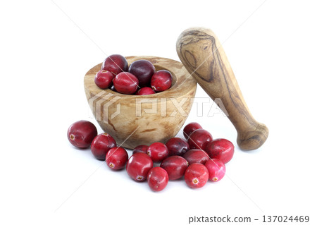Fresh cranberries in a wooden bowl with a pestle on a white background Fresh cranberries in a wooden bowl with a pestle on a white background 137024469