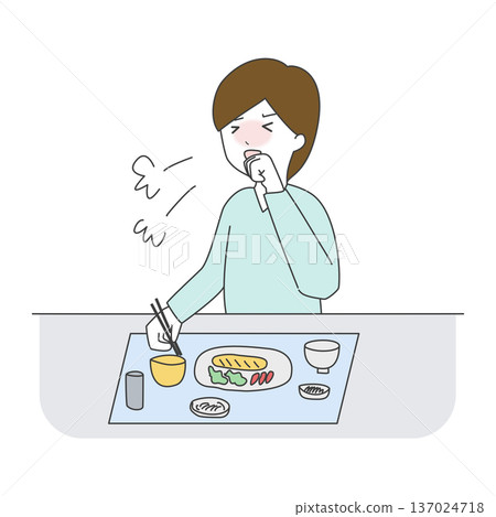 Hand-drawn illustration of a woman coughing while eating Hand-drawn illustration of a woman coughing while eating 137024718