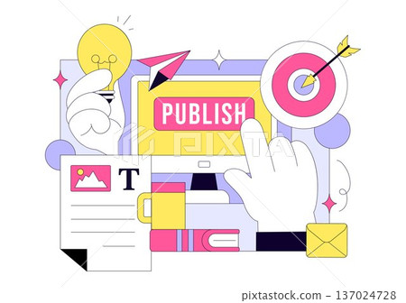 Digital Publishing Vector Illustration Featuring Blog Content Marketing, Online Publish, Creative Writing For Social Media and Webpage Organization Digital Publishing Vector Illustration Featuring Blog Content Marketing, Online Publish, Creative Writing For Social Media and Webpage Organization 137024728