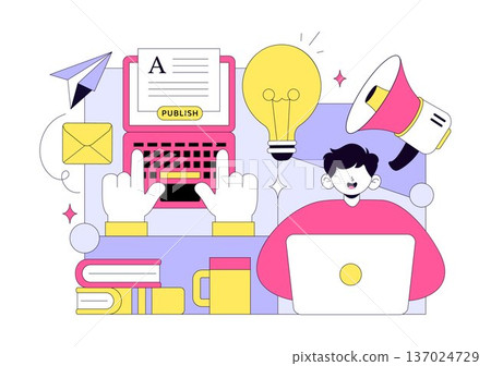 Digital Publishing Vector Illustration Featuring Blog Content Marketing, Online Publish, Creative Writing For Social Media and Webpage Organization 137024729