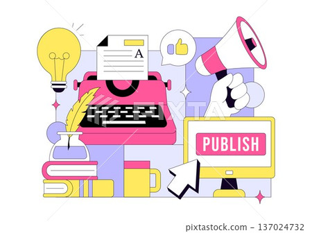 Digital Publishing Vector Illustration Featuring Blog Content Marketing, Online Publish, Creative Writing For Social Media and Webpage Organization Digital Publishing Vector Illustration Featuring Blog Content Marketing, Online Publish, Creative Writing For Social Media and Webpage Organization 137024732