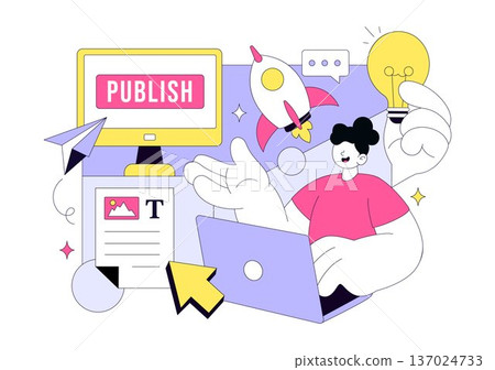 Digital Publishing Vector Illustration Featuring Blog Content Marketing, Online Publish, Creative Writing For Social Media and Webpage Organization Digital Publishing Vector Illustration Featuring Blog Content Marketing, Online Publish, Creative Writing For Social Media and Webpage Organization 137024733
