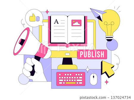 Digital Publishing Vector Illustration Featuring Blog Content Marketing, Online Publish, Creative Writing For Social Media and Webpage Organization Digital Publishing Vector Illustration Featuring Blog Content Marketing, Online Publish, Creative Writing For Social Media and Webpage Organization 137024734