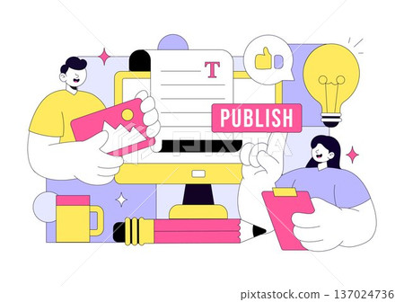 Digital Publishing Vector Illustration Featuring Blog Content Marketing, Online Publish, Creative Writing For Social Media and Webpage Organization Digital Publishing Vector Illustration Featuring Blog Content Marketing, Online Publish, Creative Writing For Social Media and Webpage Organization 137024736