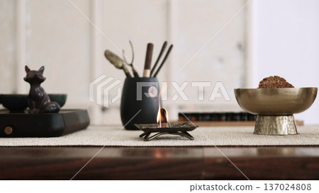 Incense burning. Spiritual practice. Tools for meditation yoga activity mental health smoke fire destress oriental atmosphere. 137024808