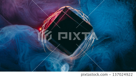 Haze color wave. Art glass cube. Purple blue paint defocused cloud flow on garland light. Abstract steam blend on black background. 137024922