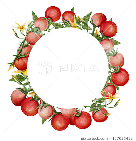 watercolor circular frame with ripe cherry tomatoes, green leaves and yellow blossoms. Botanical wreath with copy space, perfect for labels, menus, invitations, packaging and organic design projects 137025432