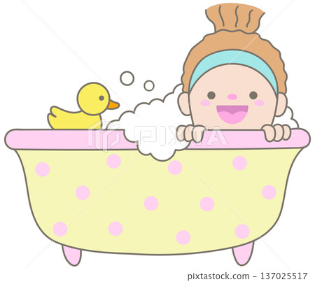 Cute Woman in Headband Relaxing in Polka Dot Bathtub with Soap Bubbles and Yellow Rubber Duck Lifestyle Cute Woman in Headband Relaxing in Polka Dot Bathtub with Soap Bubbles and Yellow Rubber Duck Lifestyle 137025517