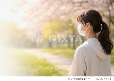 Profile of a woman wearing a mask in a cherry blossom park. Spring health management and infection control image. 137025571