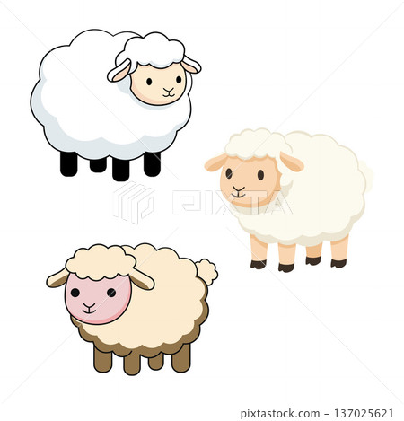 Fluffy Sheep And Lamb Cartoon Set 137025621